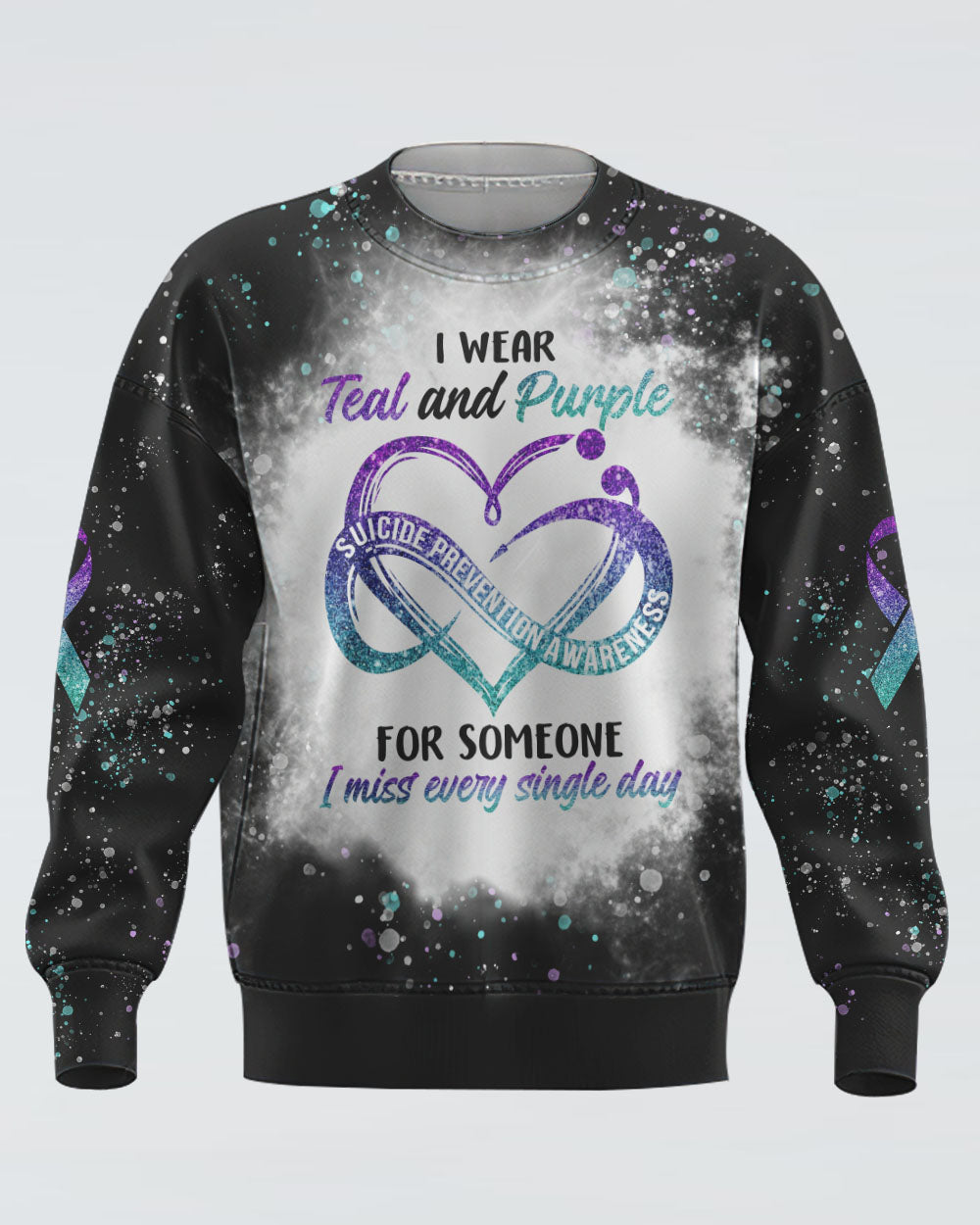 I Wear Teal And Purple Infinity Heart Bleached Women's Suicide Prevention Awareness Sweatshirt