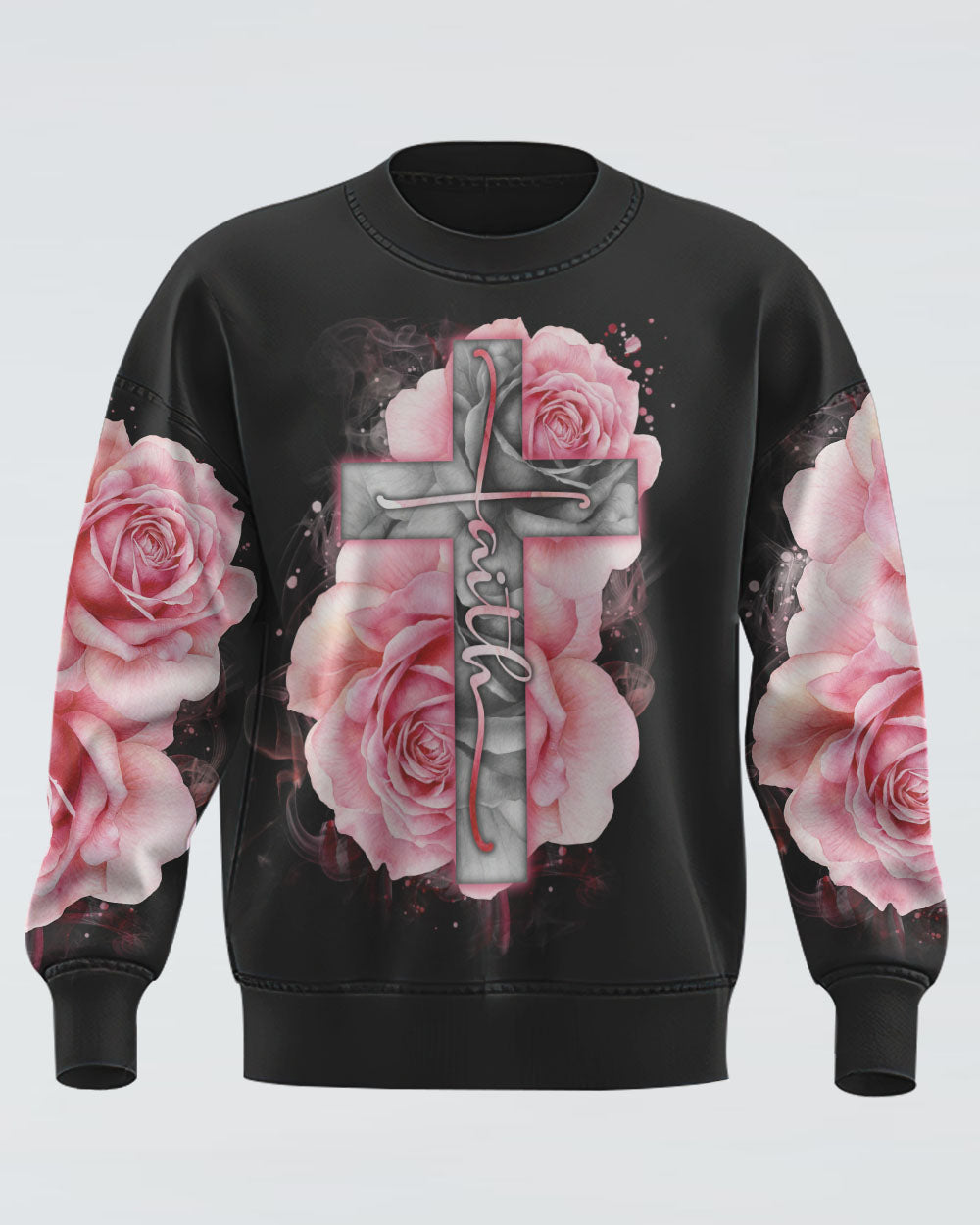 Light Pink Cross Roses Smoke Women's Christian Sweatshirt