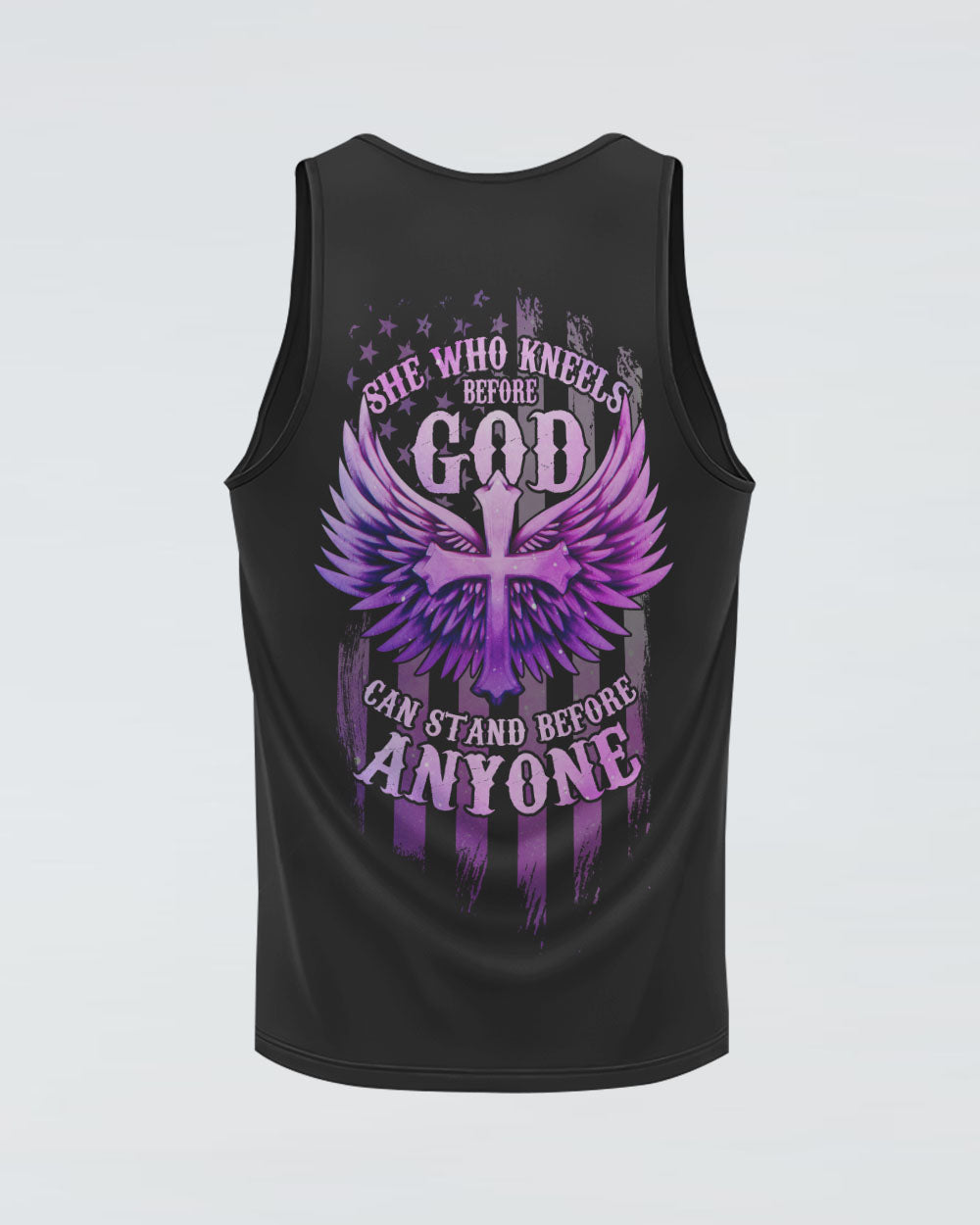 She Who Knees Before God Can Stand Before Anyone Cross Flag Wings Women's Christian Tanks