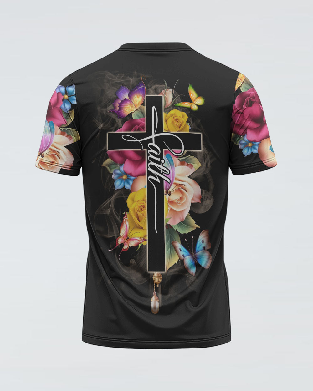 Faith Flowers Cross Butterfly Smoke Women's Christian Tshirt